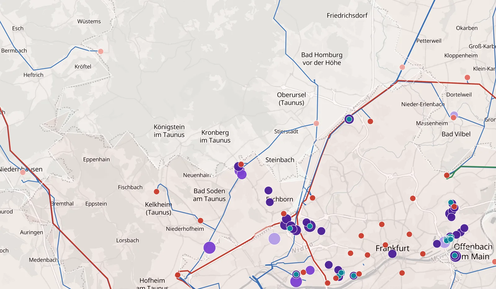 Sherpa Atlas country edition around Frankfurt: substations coloured by published grid status, data centres, fibre and power lines