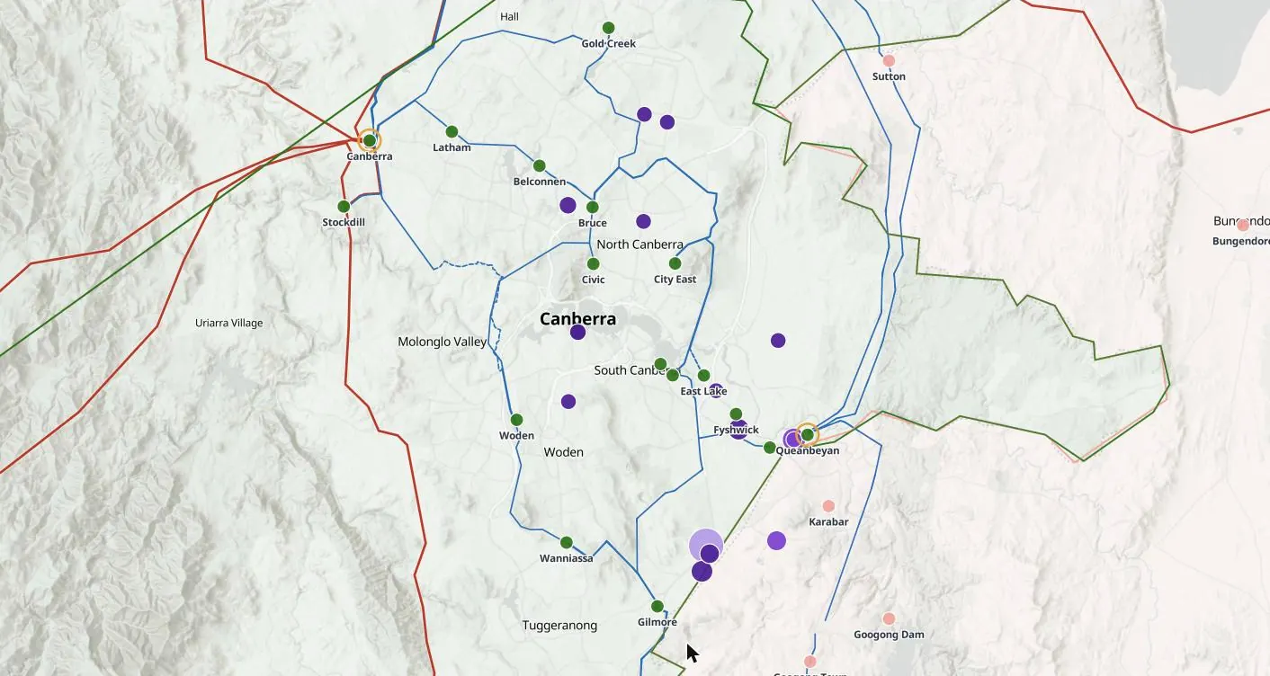 Sherpa Atlas map of Canberra: data centres, substations with stated capacity for new load and power lines