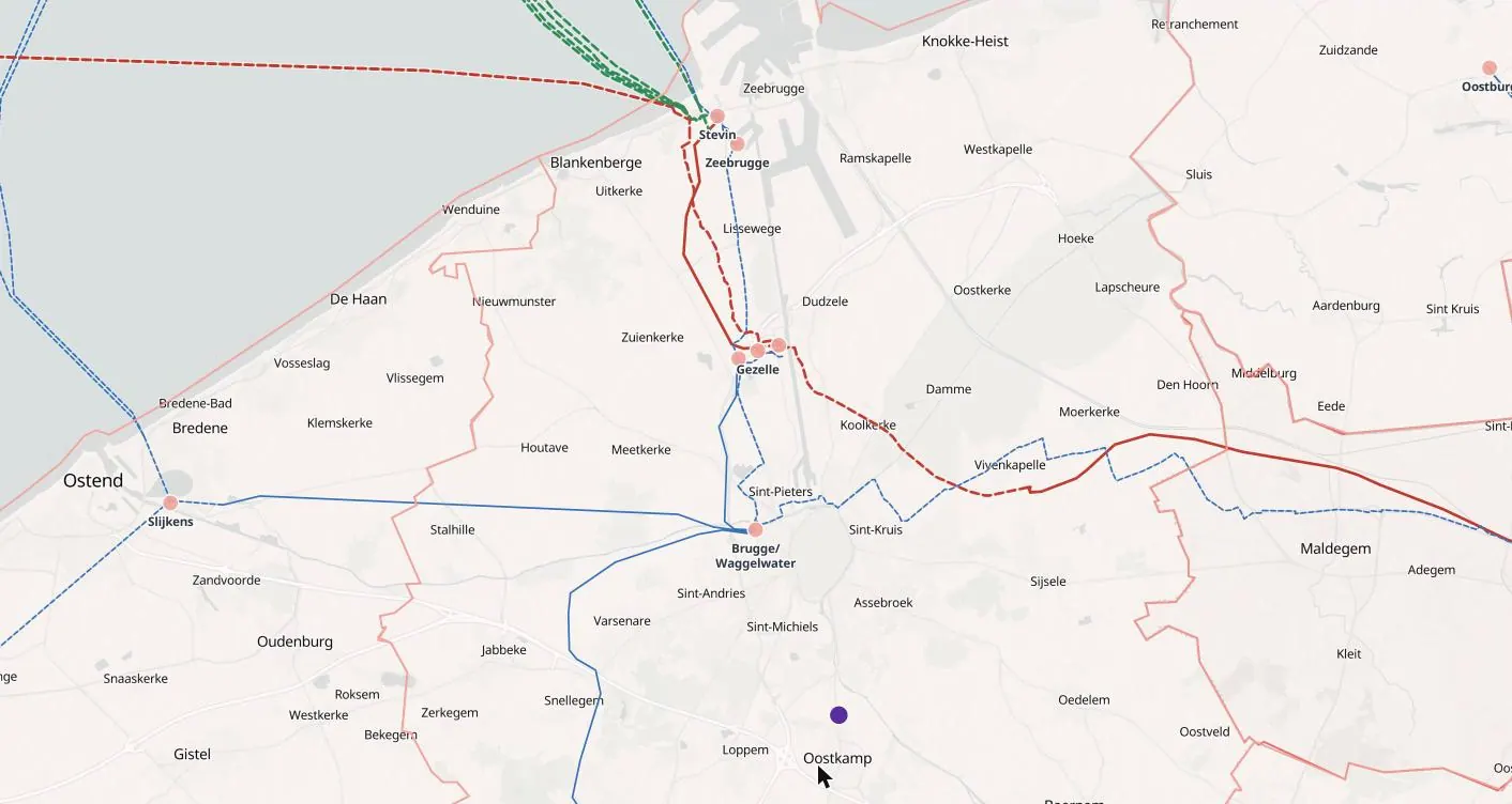 Sherpa Atlas map of Bruges and Zeebrugge: substations, a data centre, cable landings and power lines