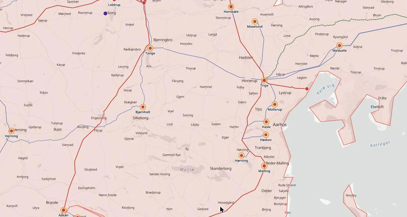 Sherpa Atlas map of Aarhus and Midtjylland: substations, grid upgrades and power lines