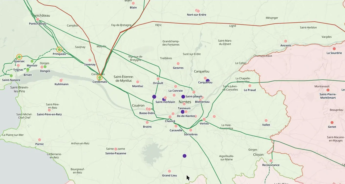 Sherpa Atlas map of Nantes and Loire-Atlantique: data centres, substations, pooling zones and power lines