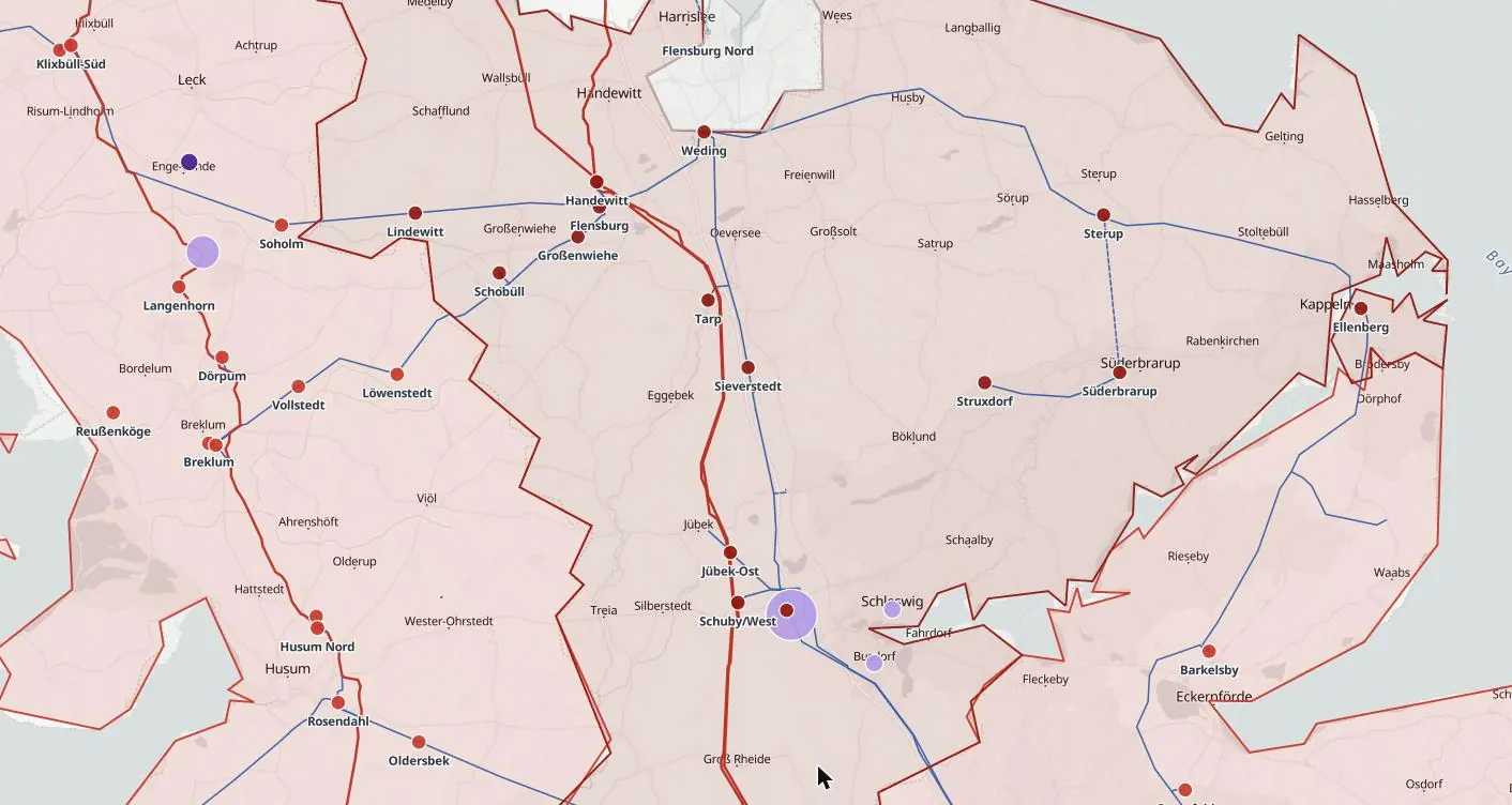 Sherpa Atlas map of Schleswig-Flensburg: districts coloured by grid demand, substations, data centres and power lines
