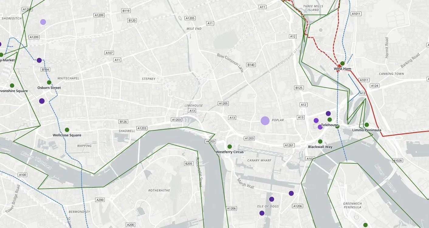 Sherpa Atlas map of Tower Hamlets and the Docklands, London: data centres, substations and power lines