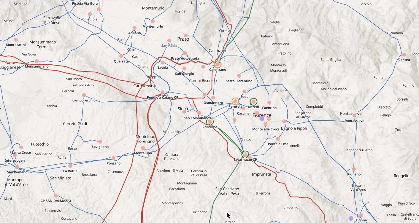 Sherpa Atlas map of Florence and Prato, Toscana: substations coloured by grid demand, data centres and power lines