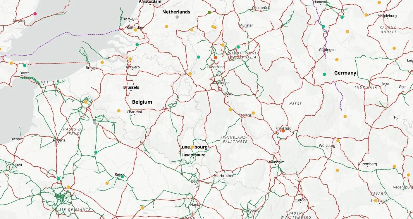 Sherpa Atlas map of the Benelux and western Germany: power plants by fuel and the high-voltage grid