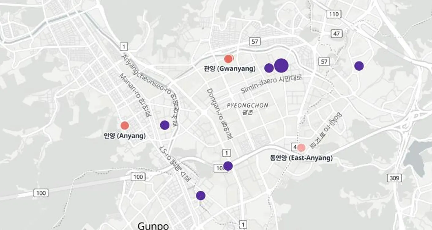 Sherpa Atlas map of Anyang, Gyeonggi: data centres, substations and the high-voltage grid