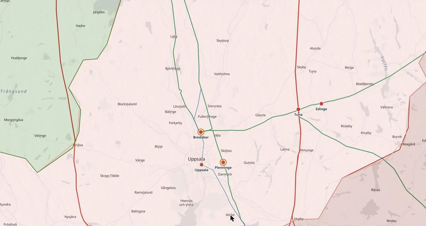 Sherpa Atlas map of Uppsala: substations coloured by stated capacity, upgrades and power lines