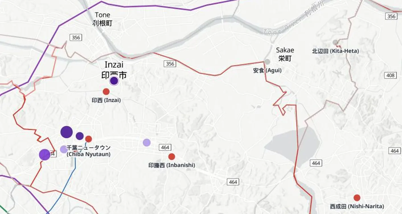 Sherpa Atlas map of Inzai, Chiba: data centres, substations and the high-voltage grid