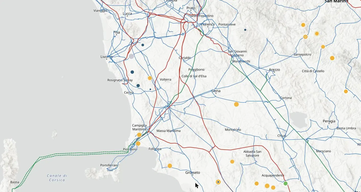 Sherpa Atlas map of Toscana: wind farms by stage and the high-voltage grid